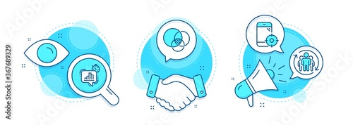 Statistics timer, Teamwork and Euler diagram line icons set. Handshake deal, research and promotion complex icons. Seo phone sign. Growth chart, Employees change, Relationships chart. Vector