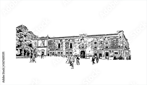 Building view with landmark of Aguascalientes is a city in central Mexico known for the Spanish. Hand drawn sketch illustration in vector.