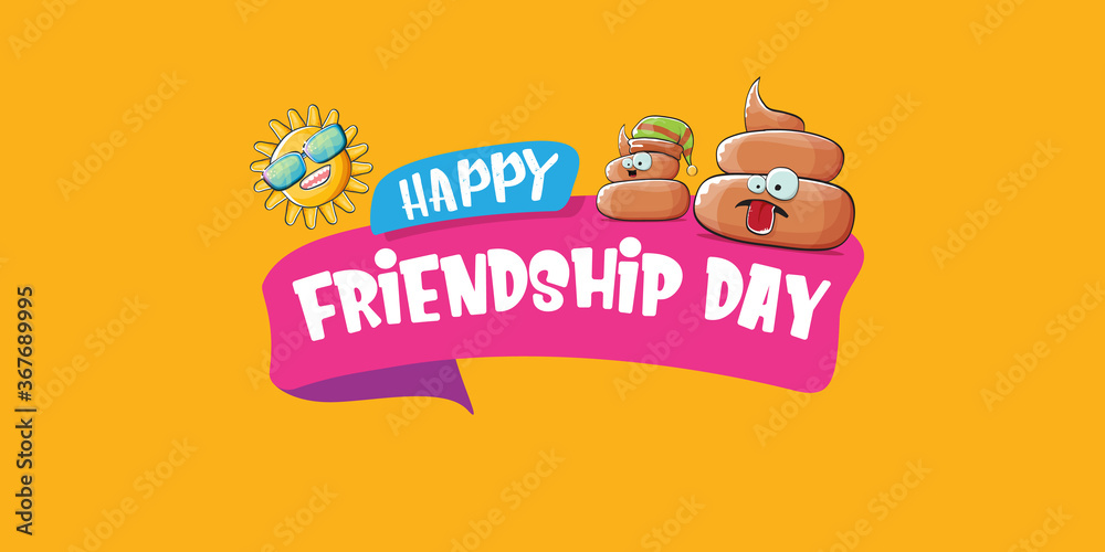 Happy friendship day horizontal banner or greeting card with vector funny cartoon poo friends characters isolated on abstract orange background. Best friends concept