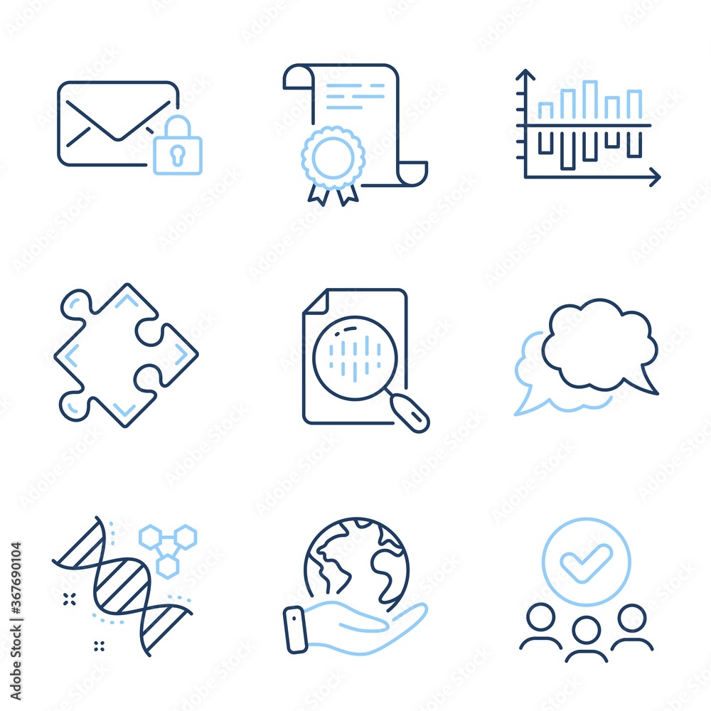 Chemistry dna, Chat message and Secure mail line icons set. Diploma certificate, save planet, group of people. Strategy, Diagram chart and Analytics chart signs. Vector Chemistry dna, Chat message and Secure mail line icons set. Diploma certificate, save planet, group of people. Strategy, Diagram chart and Analytics chart signs. Vector