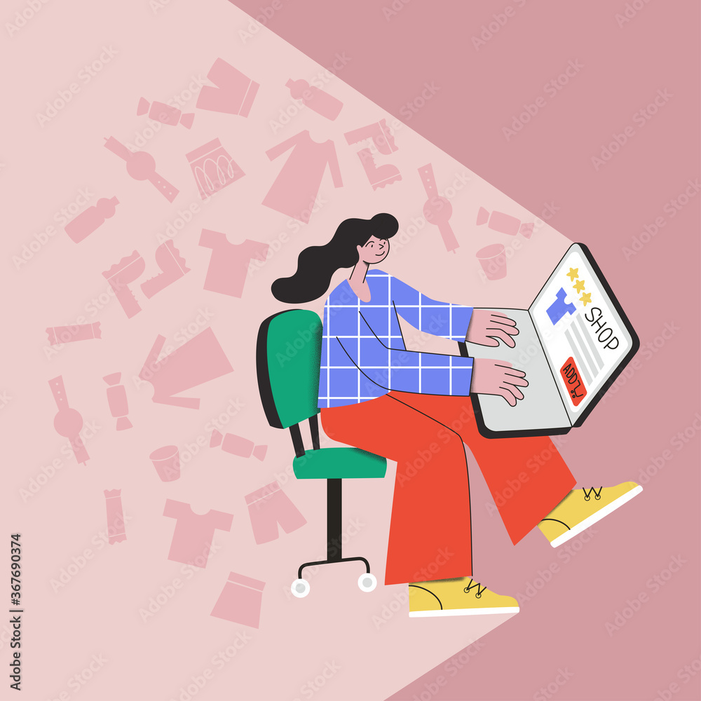 Online Shopping. A girl buys goods without leaving home using a notebook. Concept vector illustration flat design Online Shopping. A girl buys goods without leaving home using a notebook. Concept vector illustration flat design