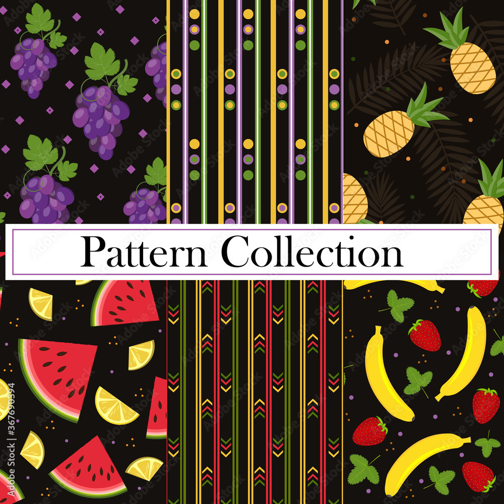 Fototapeta premium Set, Collection, fruit and geometric patterns with the image of berries and fruits, vector, black background. Texture, printing, design, decoration