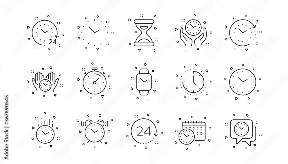 Timer, Alarm and Smartwatch. Time and clock line icons. Time management, 24 hour clock, deadline alarm icons. Sand hourglass, smartwatch, timer stopwatch. Linear set. Geometric elements. Vector - obrazy, fototapety, plakaty 