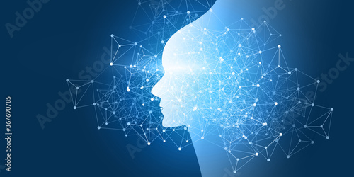 Futuristic Machine Learning, Artificial Intelligence, Cloud Computing, Automated Support Assistance and Networks Design Concept with Robot or Human Face Silhouette and Wireframe Pattern