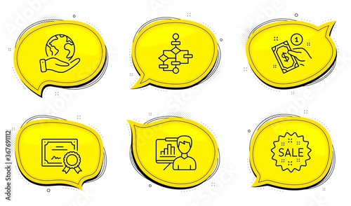 Presentation board sign. Diploma certificate, save planet chat bubbles. Payment method, Sale and Block diagram line icons set. Give money, Shopping star, Algorithm path. Growth chart. Vector