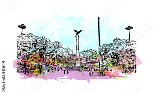 Building view with landmark of Aguascalientes is a city in central Mexico known for the Spanish. Watercolor splash with hand drawn sketch illustration in vector.