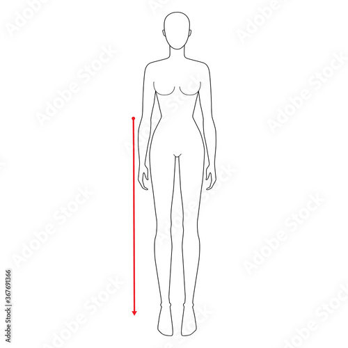 Women to do waist to floor measurement fashion Illustration for size chart. 7.5 head size girl for site or online shop. Human body infographic template for clothes. 