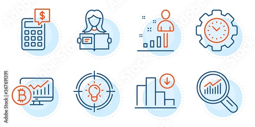 Calculator, Stats and Idea signs. Bitcoin chart, Data analysis and Decreasing graph line icons set. Time management, Woman read symbols. Cryptocurrency statistics, Magnifying glass. Vector