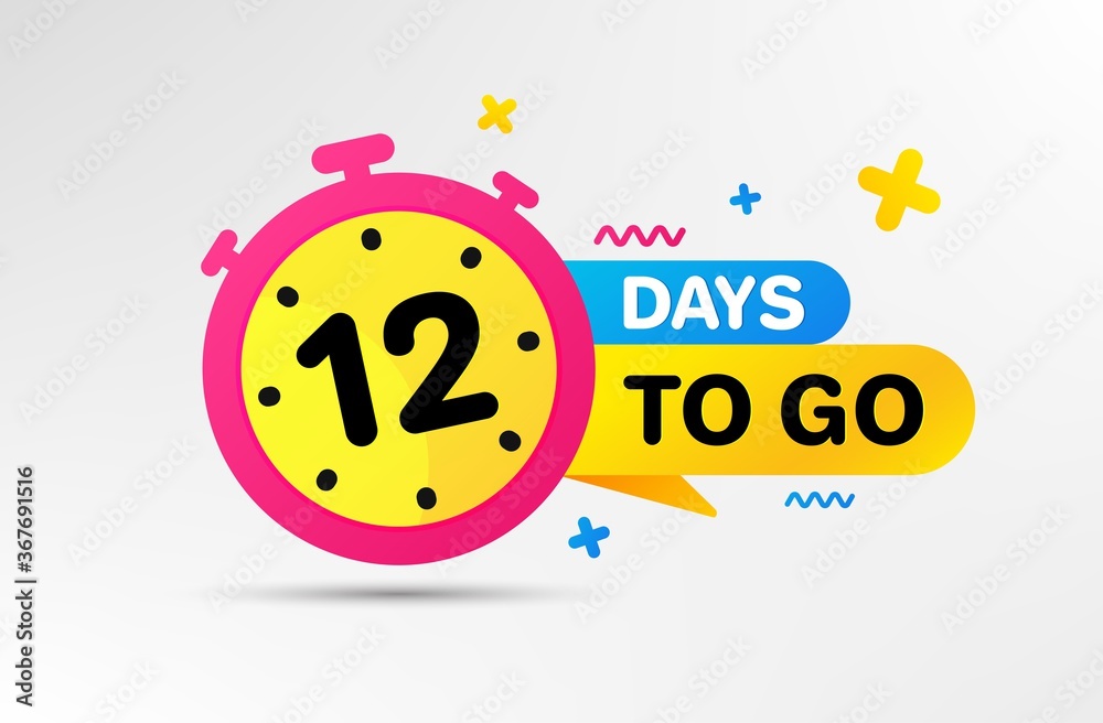 Twelve days left icon. Countdown left days banner with timer. 12 days to go sign. Sale announcement banner. Count time for promotional offer. Promotion countdown timer. Vector Twelve days left icon. Countdown left days banner with timer. 12 days to go sign. Sale announcement banner. Count time for promotional offer. Promotion countdown timer. Vector