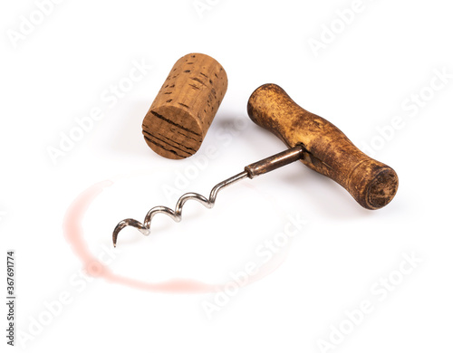 Billede på lærred Corkscrew and and cork with wine stains isolated on white
