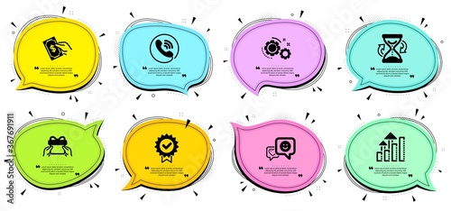 Call center, Give present and Pay money signs. Chat bubbles with quotes. Hourglass, Analysis graph and Smile line icons set. Gears, Certificate symbols. Sand watch, Targeting chart. Vector