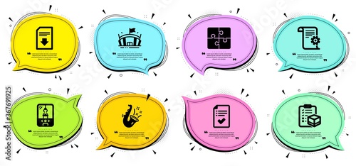 Puzzle, Crane claw machine and Technical documentation signs. Chat bubbles with quotes. Jazz, Parcel checklist and Approved checklist line icons set. Arena, Download file symbols. Vector