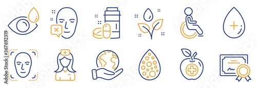 Set of Healthcare icons, such as Face declined, Face detection. Certificate, save planet. Oil serum, Artificial colors, Plants watering. Eye drops, Medical food, Medical drugs. Vector