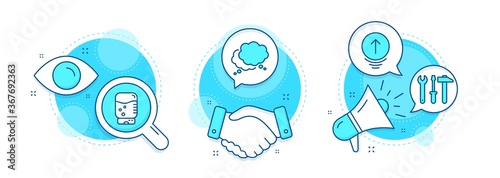 Spanner tool, Speech bubble and Water cooler line icons set. Handshake deal, research and promotion complex icons. Swipe up sign. Repair screwdriver, Chat message, Office drink. Scrolling page. Vector