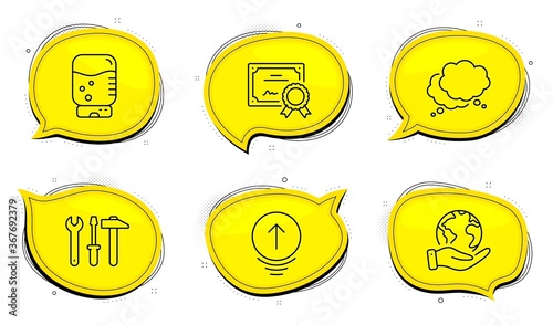 Swipe up sign. Diploma certificate, save planet chat bubbles. Spanner tool, Speech bubble and Water cooler line icons set. Repair screwdriver, Chat message, Office drink. Scrolling page. Vector