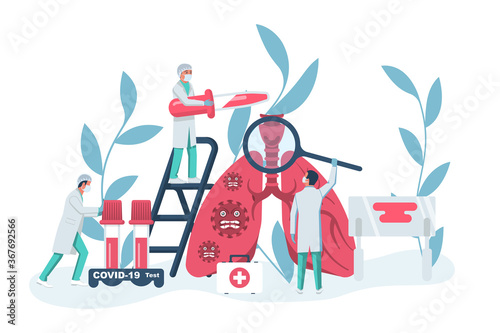 COVID-19 laboratory test in hospital. Group of doctors treats respiratory system. Pulmonology concept. Template examination and treatment. Health check lung. Vector design. Research new coronavirus.

