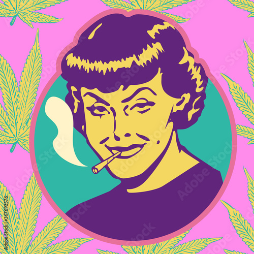 High vintage woman on cannabis leaf background