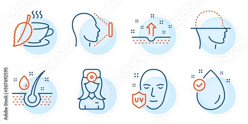 Face id, Clean skin and Oculist doctor signs. Uv protection, Serum oil and Mint tea line icons set. Vitamin e, Face scanning symbols. Ultraviolet, Healthy hairs. Medical set. Outline icons set. Vector