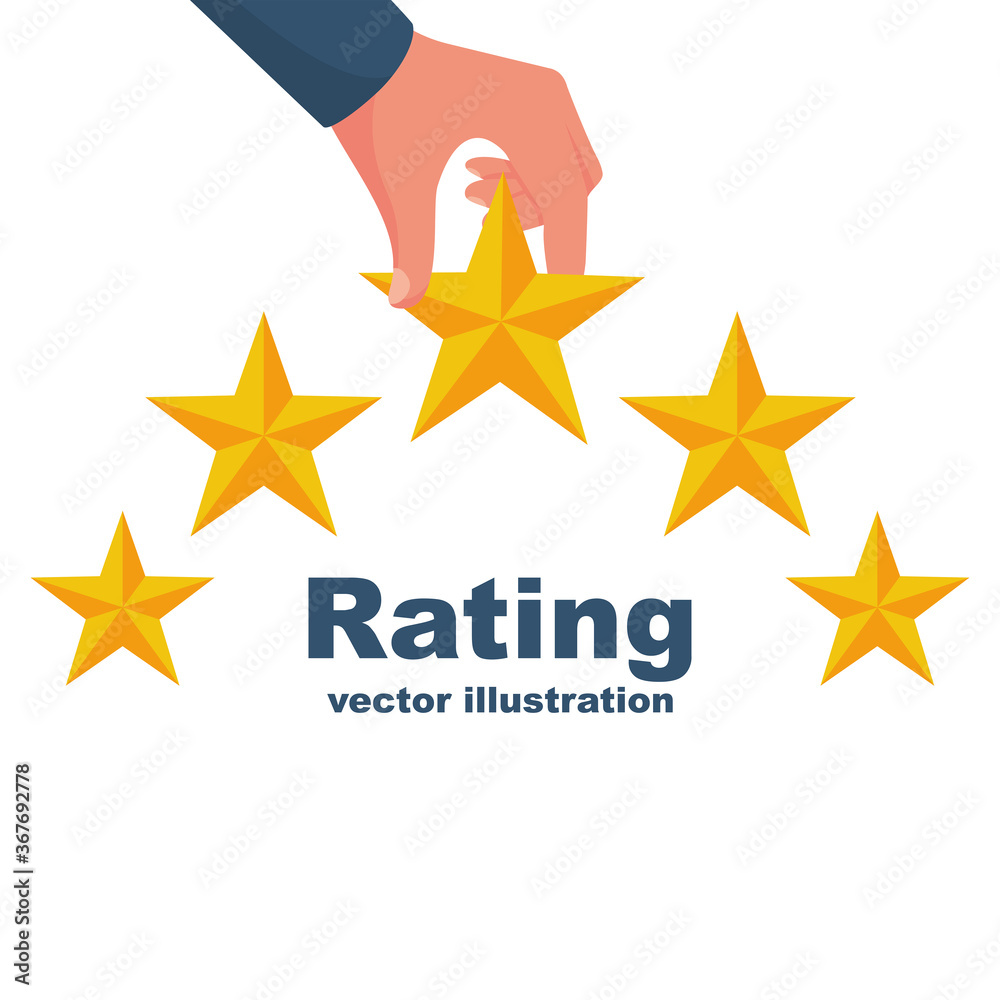Rating icon. Star vector illustration flat design. Feedback concept. Evaluation system. Positive review. Isolated on background. Quality work. People puts five stars. Rating icon. Star vector illustration flat design. Feedback concept. Evaluation system. Positive review. Isolated on background. Quality work. People puts five stars.