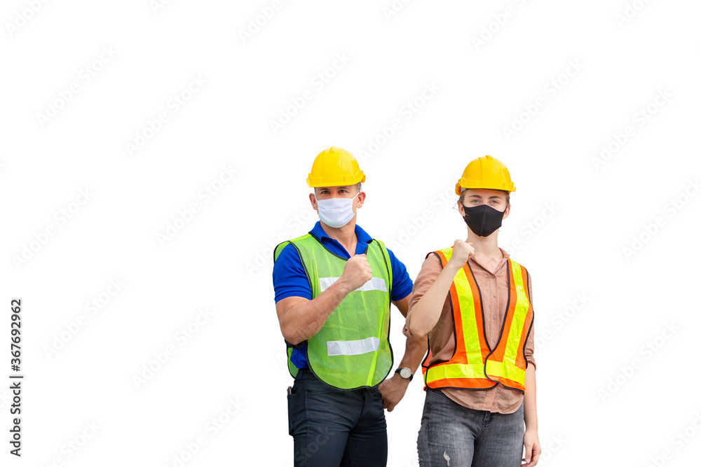 Engineer and worker team wearing protection face mask against coronavirus, Business people team with clipping path on white background Engineer and worker team wearing protection face mask against coronavirus, Business people team with clipping path on white background