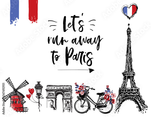 Paris vintage watercolor illustration card template. France capital romantic illustration in beautiful style. Vector sketches set on white background
