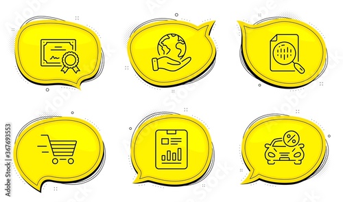 Delivery shopping sign. Diploma certificate, save planet chat bubbles. Analytics chart, Car leasing and Report document line icons set. Report analysis, Transport discount, Page with charts. Vector