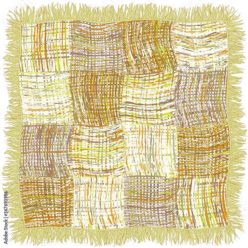 Checkered mat with grunge striped wavy square elements and fringe in green, brown, orange, grey colors isolated on white