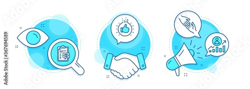 Like hand, Eye checklist and Helping hand line icons set. Handshake deal, research and promotion complex icons. Career ladder sign. Thumbs up, Optometry, Give gesture. Manager results. Vector