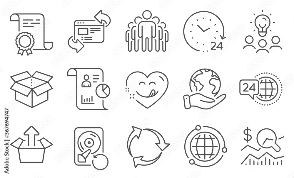 Set of Technology icons, such as Open box, 24 hours. Diploma, ideas, save planet. Report, 24h service, Globe. Group, Send box, Refresh website. Yummy smile, Check investment, Recovery hdd. Vector Set of Technology icons, such as Open box, 24 hours. Diploma, ideas, save planet. Report, 24h service, Globe. Group, Send box, Refresh website. Yummy smile, Check investment, Recovery hdd. Vector