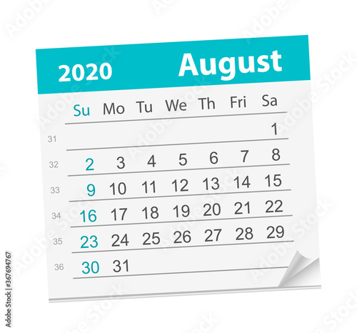 Calendar sheet for the month of August 2020. Vector Illustration. The week starts on Sunday