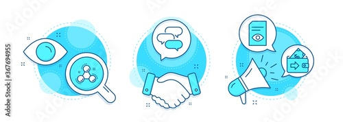Talk bubble, View document and Chemistry molecule line icons set. Handshake deal, research and promotion complex icons. Wallet sign. Chat message, Open file, Laboratory atom. Money payment. Vector