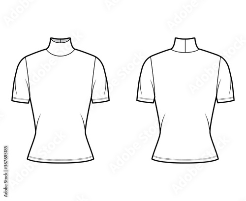 Turtleneck jersey sweater technical fashion illustration with short sleeves, close-fitting shape. Flat outwear apparel template front, back white color. Women, men, unisex shirt top CAD mockup