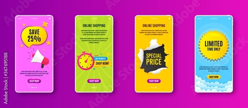 Last minute sale icon. Phone screen banner. Discount banner shape. Special offer timer icon. Sale banner on smartphone screen. Mobile phone web template. Last minute promotion. Vector