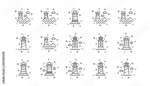 Searchlight tower with seagull for marine navigation of ships. Lighthouse line icons. Sea pharos, lighthouse or beacon icons. Linear set. Geometric elements. Quality signs set. Vector