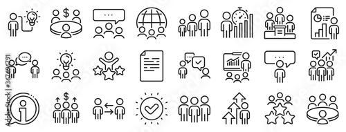 Conference, seminar, classroom. Meeting line icons. Team, work and business idea icons. Discussion, classroom job, people management. Presentation, office meeting, consultation. Vector