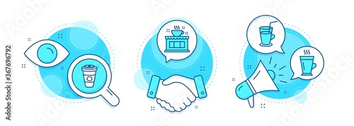 Cocktail, Takeaway coffee and Coffee shop line icons set. Handshake deal, research and promotion complex icons. Latte sign. Fresh beverage, Hot latte drink, Tea house. Tea glass mug. Vector