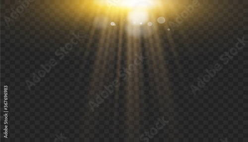 Vector transparent sunlight special lens flash light effect.front sun lens flash. Vector blur in the light of radiance. Element of decor. Horizontal stellar rays and searchlight. 