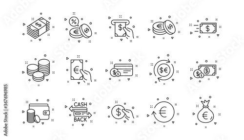 Cash, Wallet and Coins. Money and payment line icons. Account cashback linear icon set. Geometric elements. Quality signs set. Vector