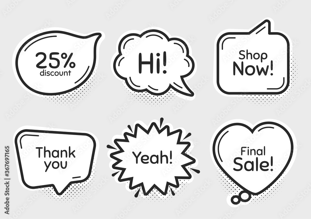 Comic chat bubbles. Shop now, 25% discount and final sale. Thank you, hi and yeah phrases. Sale shopping text. Chat messages with phrases. Drawing texting thought speech bubbles. Vector