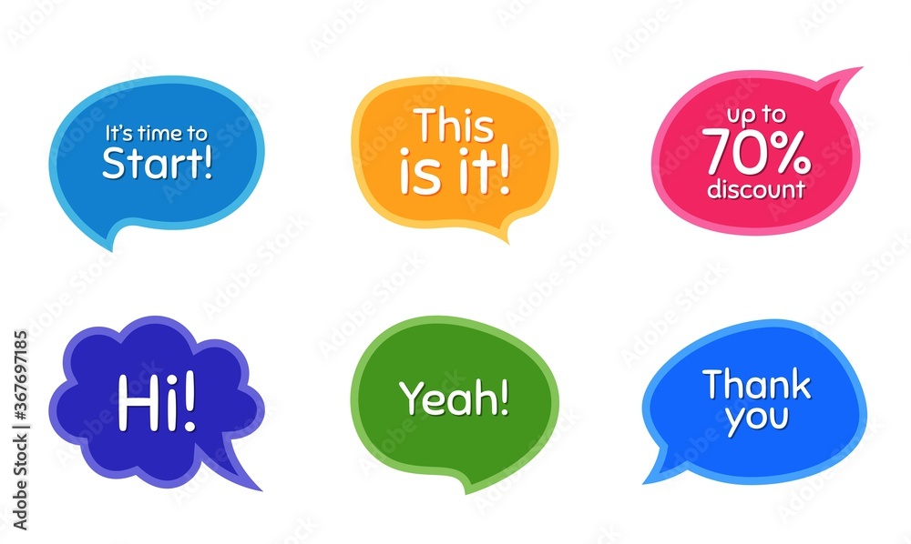Time to start, 70% discount. Colorful chat bubbles. Thank you phrase. Sale shopping text. Chat messages with phrases. Texting thought bubbles. Vector Time to start, 70% discount. Colorful chat bubbles. Thank you phrase. Sale shopping text. Chat messages with phrases. Texting thought bubbles. Vector
