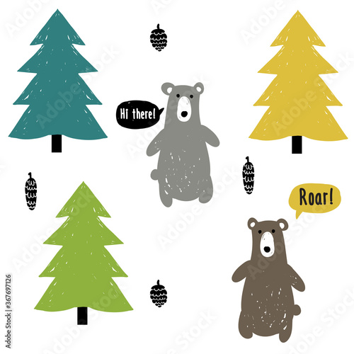 Kids bear and fir-tree nursery forest. Doodle scandinavian simple illustration set. Baby boy bear and nature graphic objects isolated on white background.