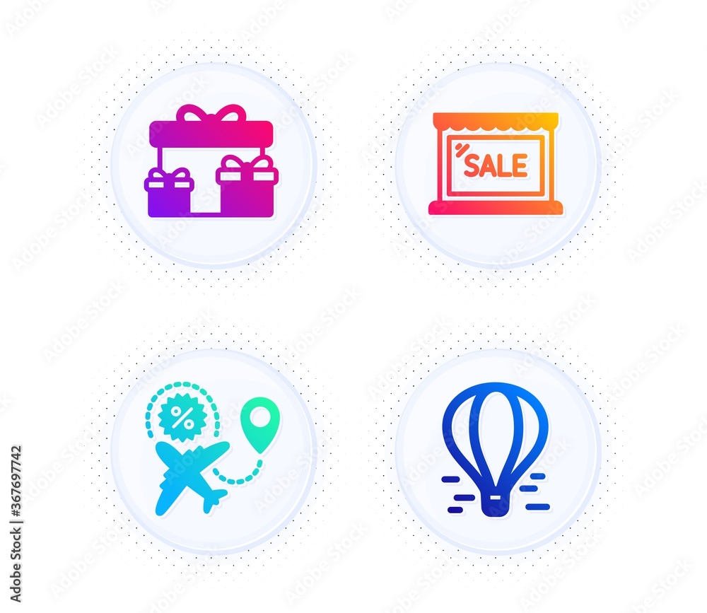 Sale, Surprise boxes and Flight sale icons simple set. Button with halftone dots. Air balloon sign. Shopping store, Holiday gifts, Travel discount. Flight travel. Holidays set. Vector