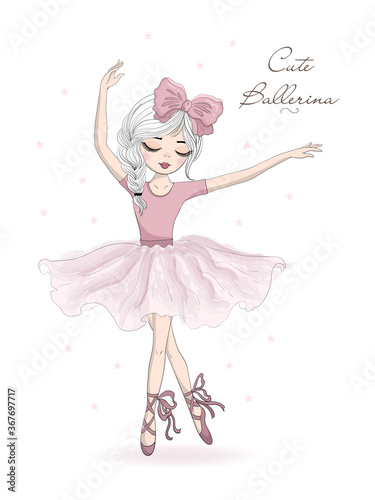 Hand drawn beautiful, lovely, little ballerina with bow on her head. Vector illustration. Dancing ballet girl.