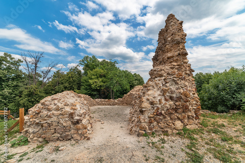 Vrdnik, Serbia-July 15, 2020: Vrdnik Tower (serbian: Vrdnicka kula) is a ruined medievil tower on Fruska Gora.