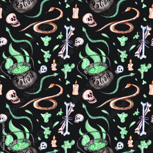 Watercolor seamless pattern on Halloween theme.Great design with skulls  bones  pumpkin ghosts  snakes  spiders  potion  candies  bats. Has elements of Day of the Dead - D  a de los Muertos celebration