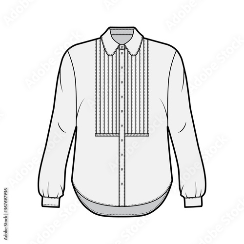 Shirt technical fashion illustration with bib, button down front opening, round collar, long sleeves with cuff, oversized body. Flat apparel template front grey color. Women, men unisex CAD mockup