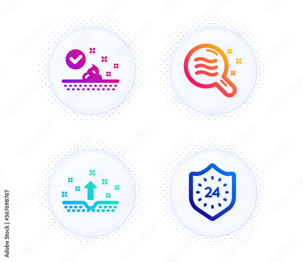 Skin care, Skin condition and 24 hours icons simple set. Button with halftone dots. Face cream, Search magnifier, Cosmetics. Protection. Beauty set. Gradient flat skin care icon. Vector Skin care, Skin condition and 24 hours icons simple set. Button with halftone dots. Face cream, Search magnifier, Cosmetics. Protection. Beauty set. Gradient flat skin care icon. Vector