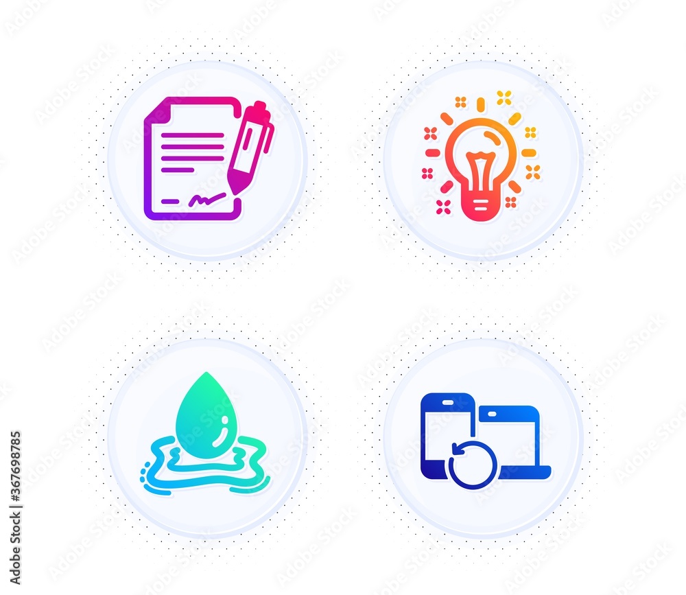 Water splash, Idea and Signing document icons simple set. Button with halftone dots. Recovery devices sign. Aqua drop, Creativity, Contract. Backup data. Science set. Vector Water splash, Idea and Signing document icons simple set. Button with halftone dots. Recovery devices sign. Aqua drop, Creativity, Contract. Backup data. Science set. Vector