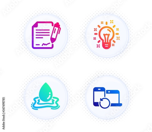 Water splash, Idea and Signing document icons simple set. Button with halftone dots. Recovery devices sign. Aqua drop, Creativity, Contract. Backup data. Science set. Vector