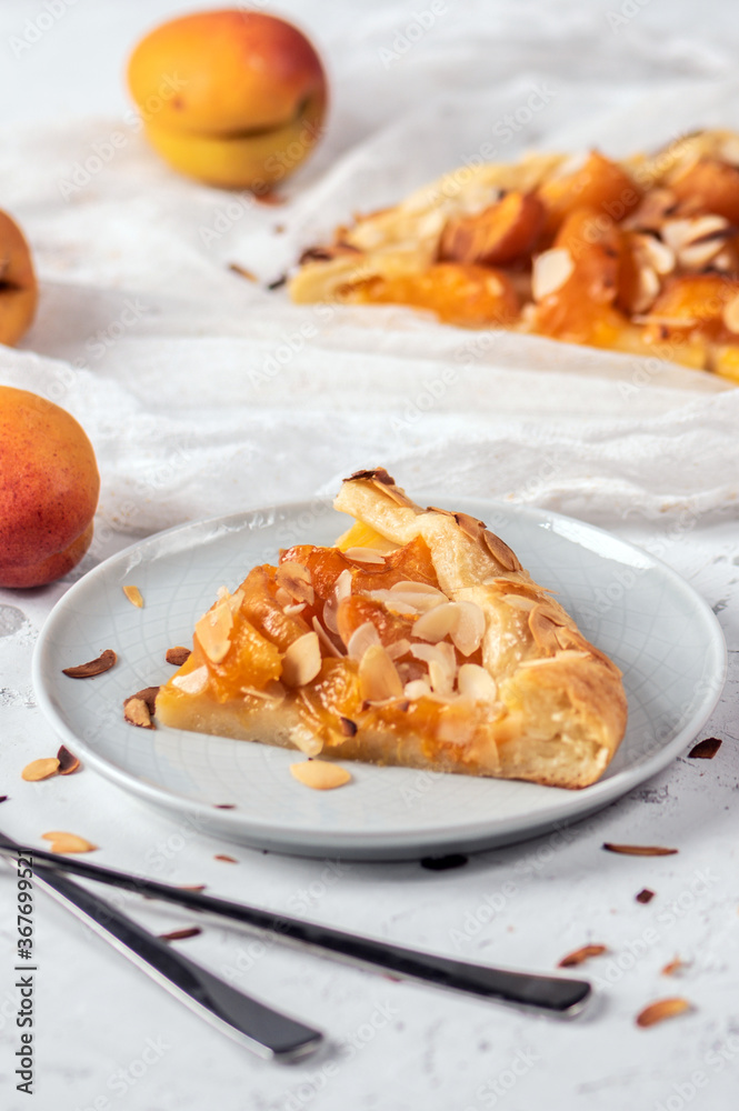 Galette tart pie with fresh apricot on light background Galette tart pie with fresh apricot on light background